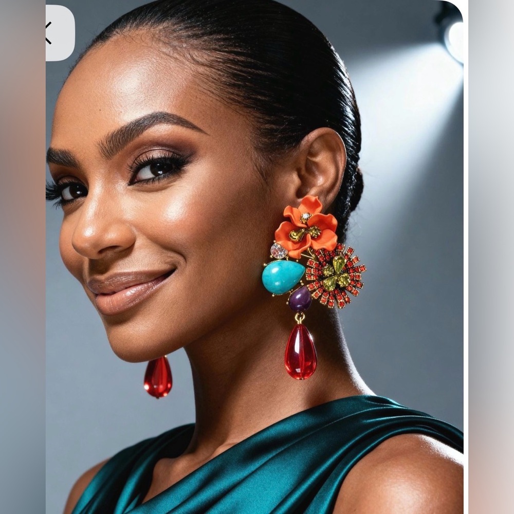 Orange Flower Statement Dangle Earrings - image 1